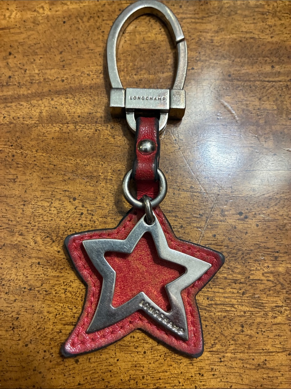 Longchamp Red Star Leather Key Fob with Metal Detail